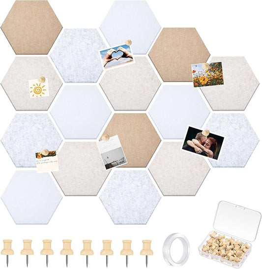 16 Pcs Hexagon Cork Board for Walls with 50 Wooden Push Pins 12x10 in Felt DIY Tiles Notice with Nano Tape Hanging Bulletin Board for Home Photo Office Memo Note(Retro)