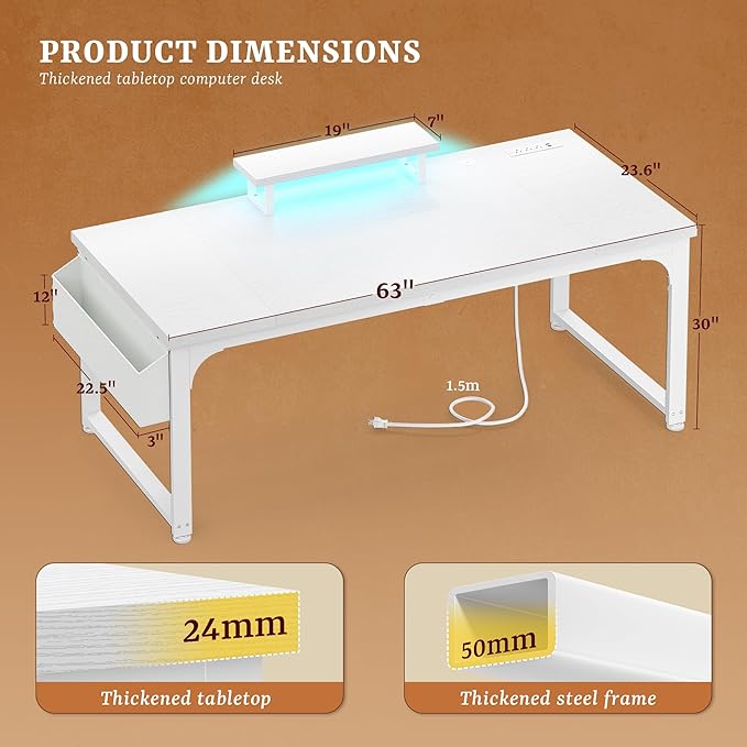63 Inch Computer Desk with Monitor Stand & 0.95 inch Thicker Desktop,Gaming Desk with Power Outlets & LED Light,White Writing Desk for Home Office, Study, Bedroom, White