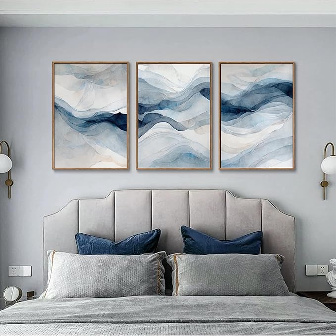 myusuar 3 Piece Large Abstract Framed Wall Art For Living Room, Smoke Texture Ink Navy Blue Canvas Wall Art Modern Minimalist Art Prints Wall Décor For Bedroom Office 16x24in