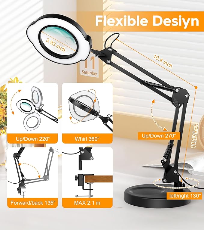 10X Magnifying Glass with Light and Stand, 2 in 1 Real Glass Lens Magnifying Desk Lamp, 5 Color Modes, Brightness Stepless Dimmable LED Lighted Magnifier Hands Free for Repair Craft Close Work