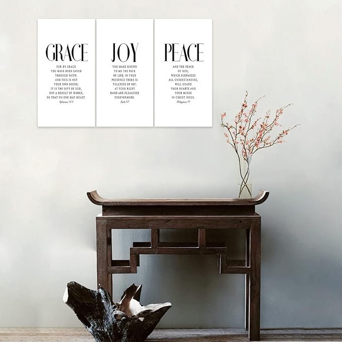 3 Piece Inspirational Wall Art White Motivational Mindset Picture, Quote "Grace Joy Peace" Canvas Print for Christian Gifts, Triptych Entrepreneur Poster Framed Artwork for Home Wall Decor(36"Wx18" H)