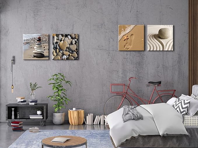 Wieco Art Canvas Prints Wall Art Romantic Beach Theme Zen Stone Pictures Paintings for Living Room Kitchen Home Decor Large Modern 4 Panels Stretched and Framed Seascape Sea Beach Artwork L