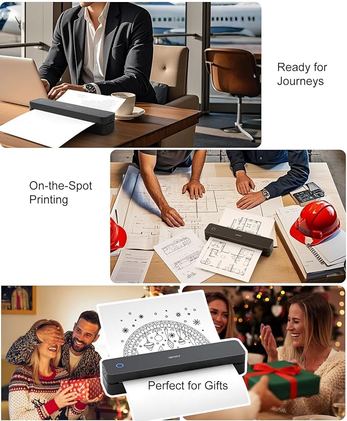 Inkless Portable Printer for Travel, Wireless Thermal Printer Supports 8.5 x 11" US Letter, A4, MT610Pro 300DPI Small Bluetooth Printers Compatible with iOS Android Laptop for Home Office Car, Black