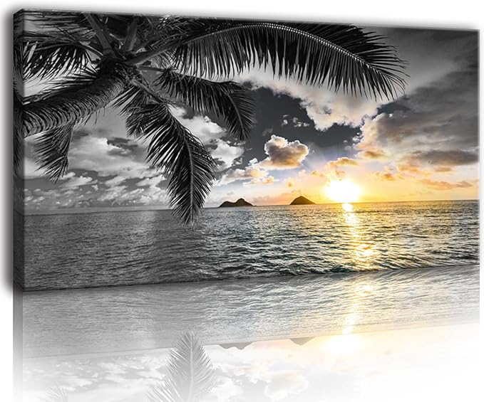 Bamdeya Wall Decor Bedroom Black and White Beach Wall Art Palm Sunset Seascape Pictures Wall Art Living Room Canvas Prints Art Ocean Room Decor Poster Painting Home Office Decoration Scenery Artwork