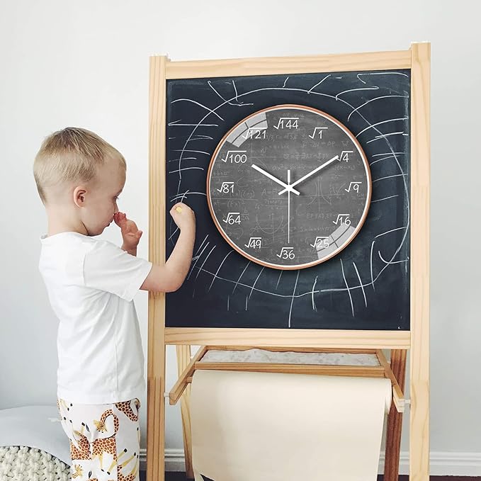 10 Inch Math Wall Clock Silent Non Ticking Movement Quality Quartz Wall Clock for Office Classroom/School/Home/Kitchen/Living Room Wall Decorations (Grey)