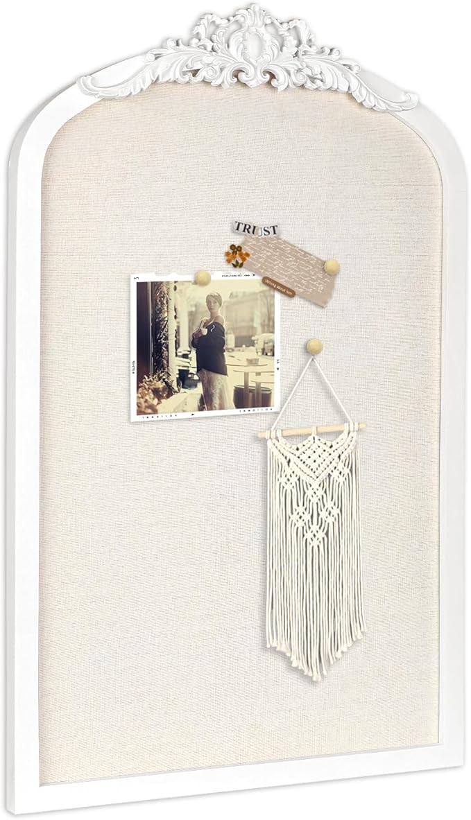 Bulletin Board with Linen, Vintage Arch Framed Pin Board – 15.7" x 24.8" White Cork Board for Walls, White Pine Wood Frame, Fabric Pinboard, Vision Board for School, Home & Office