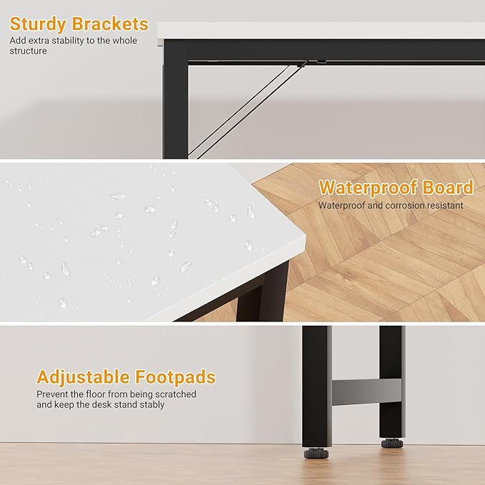 55 Inch Computer Desks with Power Outlets and USB Charging Ports, Modern Office Desk for Small Spaces, Sturdy Laptop PC Gaming Writing Table for Students, White and Black