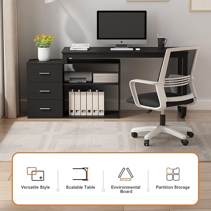 FUFU&GAGA 55.1" Large L-Shaped Office Desk with 41.3" File Cabinet, Corner Computer Desk with 3 Drawers & 2 Shelves, Workstation Executive Desk with Storage Shelf for Home Office - Black