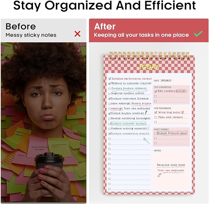 Taja To Do List Notepad - To Do List Notebook for Work with 52 Sheets, 9.8" x 6.5", Undated Daily Planner Perfect for Daily Tasks and Goal Setting, Notepad Suitable for Office, Home & School - Rose Checkered