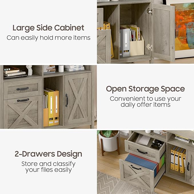 Vabches Lateral File Cabinet, Farmhouse 2 Drawer File Cabinet with Open Storage Shelf for Letter/Legal/A4 Size Hanging Files, Large Wood Storage Cabinets Printer Stand for Home Office, Rustic Grey
