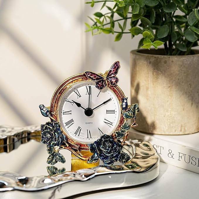 Mini Tabletop Clock, Decorative Vintage Floral Metal Table Clock with Battery Operated for Bedside, Table, Living Room, Home and Office