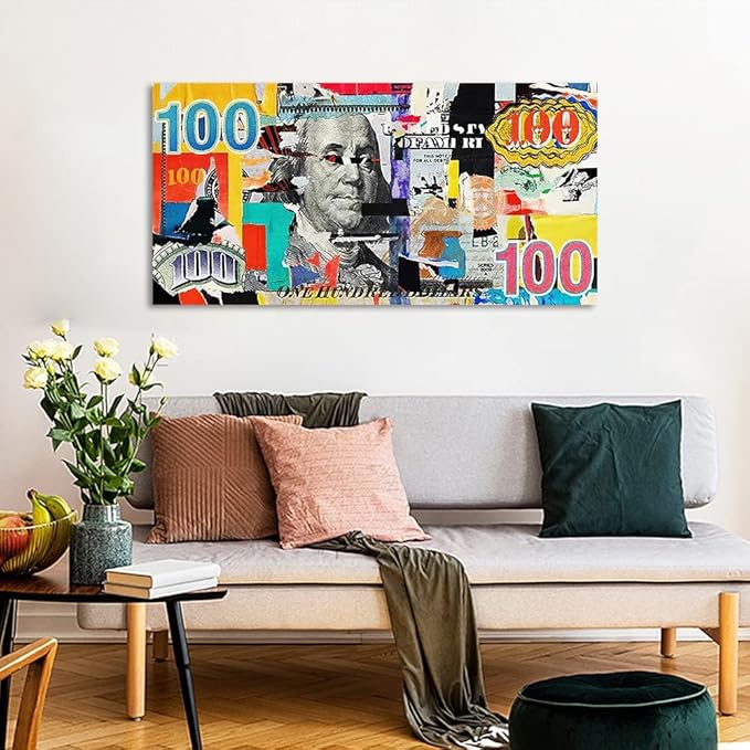 Yatsen Bridge Colorful Artwork for Home Walls Large Dollar Money Canvas Wall Picture Color Graffiti Money Art Print Gift Choice for Women Men Gallery-Wrapped Easy to Hang-48x24 inches