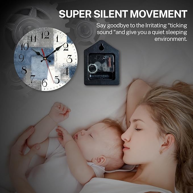 ArtSocket Wooden Wall Clock Silent Non-Ticking, Blue White Grey Abstract Painting Gray Vintage Modern Lines Round Wall Clocks Decor for Home Kitchen Living Room Office(12 Inch)