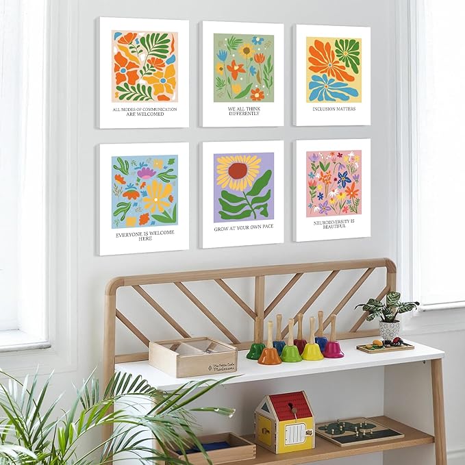 CHDITB Inclusive Diversity Wall Art, Inspirational Wall Decor, Set Of 6 Floral Motivational Frame Canvas Poster Equality Artwork Everyone is welcome Classroom Art Print For Home Nursery Decor 8”x10”