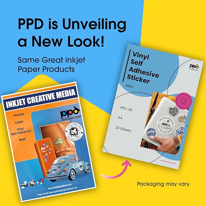 PPD Premium Printable Vinyl Sticker Paper for Inkjet Printer - 20 Sheets Matt Sticker Paper 8.5 x 11 - Self-Adhesive, Waterproof, Tear Resistant, Instant Dry - PPD-38-20