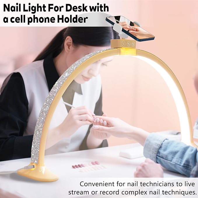 Nail Light for Desk,Half Moon Light LED for Tech Nail Desk Lamp with Phone Stand Foldable Adjustable Dimmable Half Moon Lamp for Lash Beauty Tattoos Crafts
