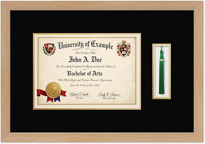 CountryArtHouse Diploma and Tassel Frame Fits 11.69 x 8.27 A4 Certificate with Tassel Hook Natural Wood Genuine Hardwood Shadowbox with Black Over Metallic Gold Double mat
