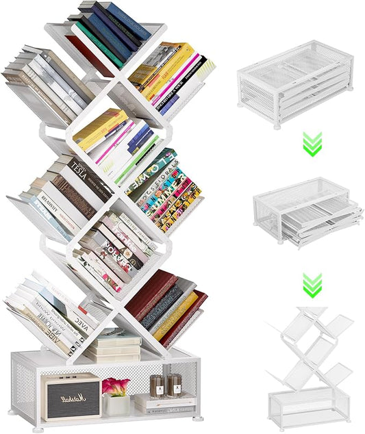 Gintan 9-Tier Corner Bookshelf with Storage,Bedroom Shelves Folding Bookshelves,No Installation Required Shelf Tree Bookcase for Living Room,Study,Home Office,Bed Room (White)
