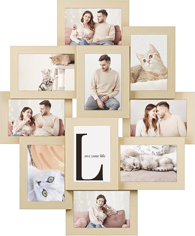 SONGMICS 4x6 Collage Picture Frames, 10-Pack Photo Collage Frame for Wall Decor, Glass Front, Assembly Required, Natural Beige URPF020N01