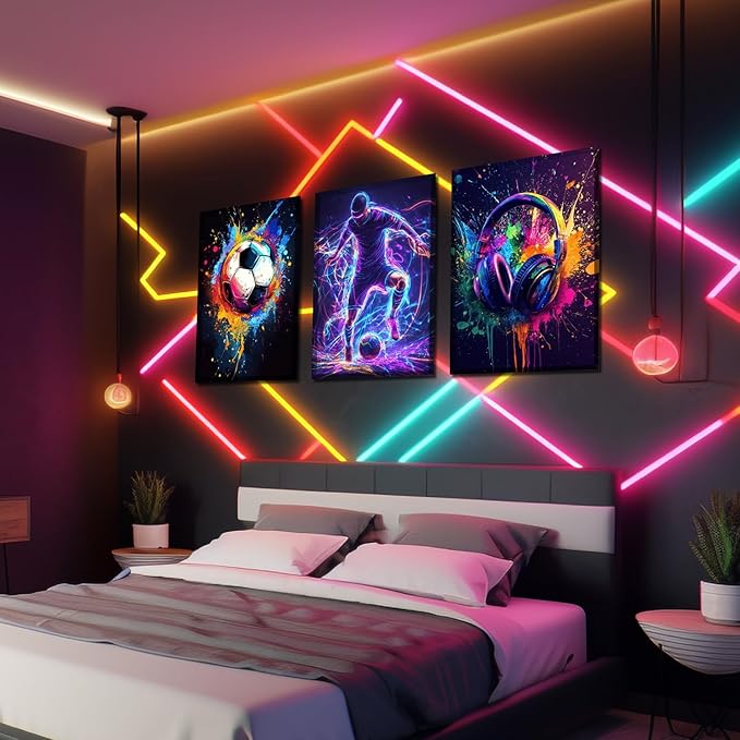 3PCS Soccer Canvas Wall Art Neon Color Splash wall decor pictures with Headphone and Soccer Design Posters Prints for Bedroom Game Room Living Room Boys Room Decor Framed (16inx24in canvas)