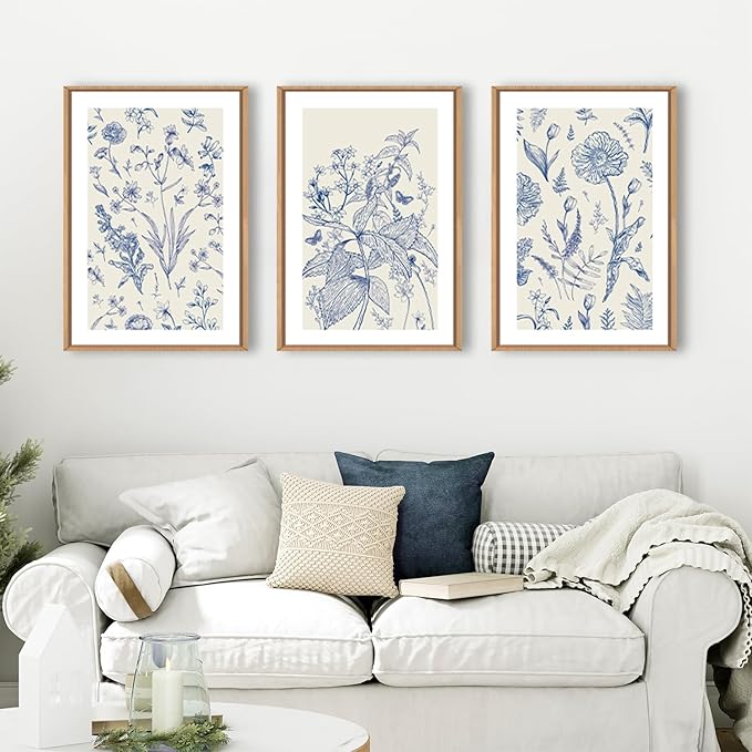 KAIRNE Blue and White Floral Wall Art Set of 3, Chinoiserie Framed Canvas Art Prints, Navy Watercolor Botanical Flower Painting, Wildflower Decor for Living Room, Bedroom, Bathroom, Home - 24x36Inch