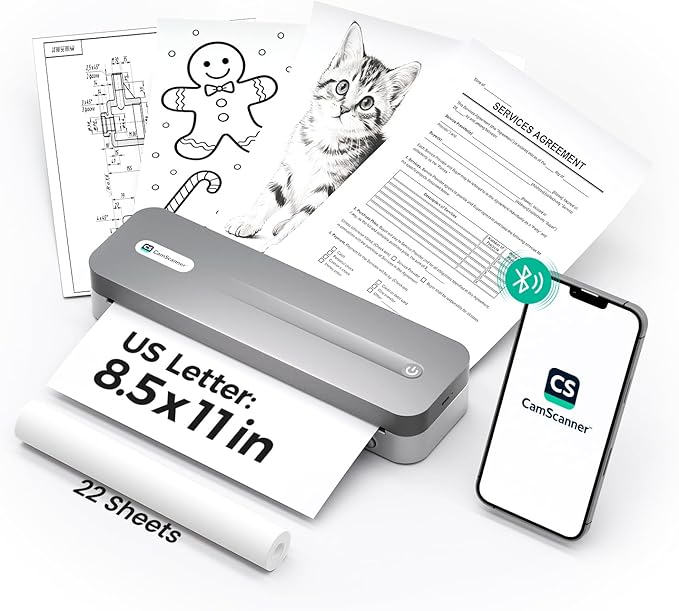 P1 Pro Ink-Free Thermal Printer, Portable US Letter Size Bluetooth Printer with 1 Roll Paper, for iPhone Android Computer, Home Office Use