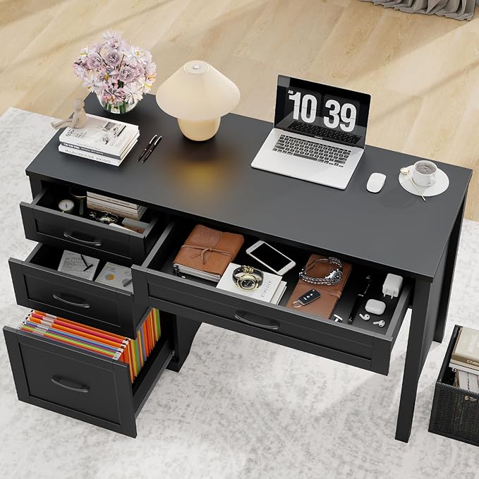 Farmhouse 47" Executive Desk with File Drawer, Wood Computer Desk with 3 Storage Drawers, Workstation for Home Office, Study, Writing(Black)