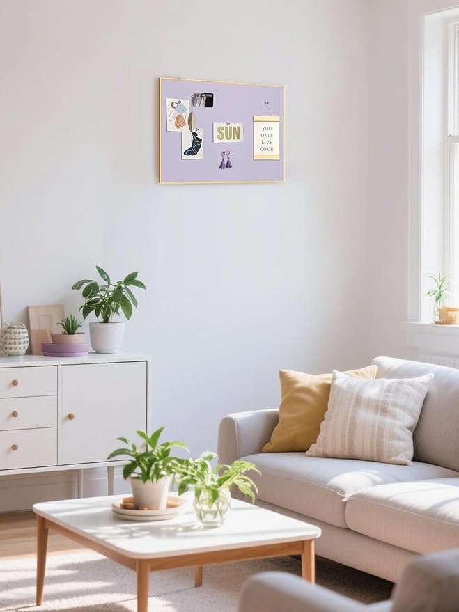 Bulletin Board 16 x 12 inches, Light Lavender Pin Board, Golden Aluminum Framed Fabric Cork Board with 10 Push Pins