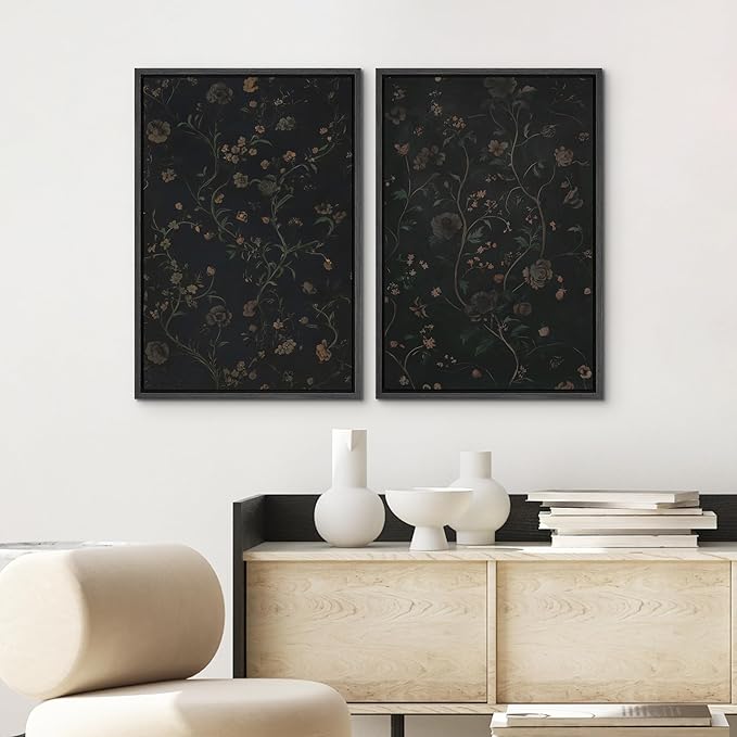 SIGNWIN Framed Canvas Print Wall Art Set Dark Vintage Floral Moody Botanical Modern Art Minimal Boho Relax/Calm for Living Room, Bedroom, Office - 16"x24"x2 Black