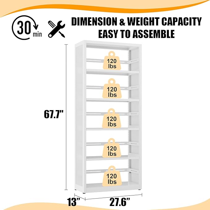 5 Tiers Bookshelf, Metal Storage Organizer Book Rack, Modern White Bookcase Shelf, Utility Shelf, Adjustable Garage Shelving, Organizer Rack for Kitchen, Laundry, Garage, Bathroom, Pantry, Office