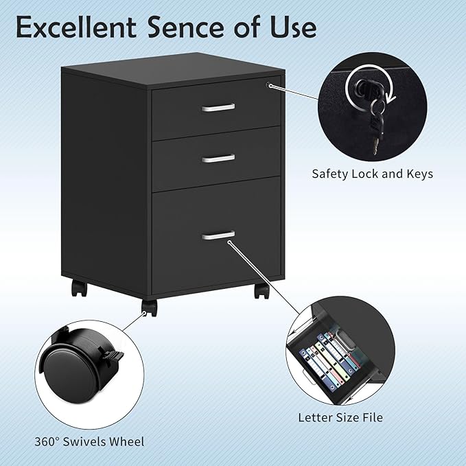 Need 3 Drawer Wood Mobile File Cabinet with Lock,Rolling Filing Cabinet for Letter/A4 Size for Home Office, Black