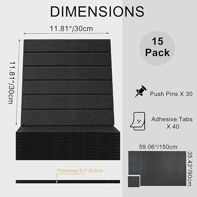 15 Pack Felt Bulletin Board Tiles (12x12 Inch) Self Adhesive Cork Board Alternative for Walls with 30 Push Pins Decorative Acoustic Panels & Pin Board for Home Office, Classroom, Vision Board Decor