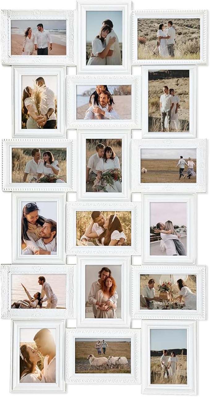 J.M.Deco Collage Picture Frames for Wall Decor, 18-Opening Reunion Family Friends Picture Frame Set, 4x6 Photo Frames Collage for Living Room BedroomWhite