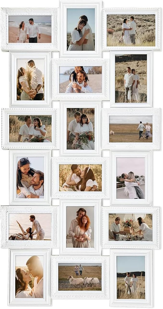 J.M.Deco Collage Picture Frames for Wall Decor, 18-Opening Reunion Family Friends Picture Frame Set, 4x6 Photo Frames Collage for Living Room BedroomWhite
