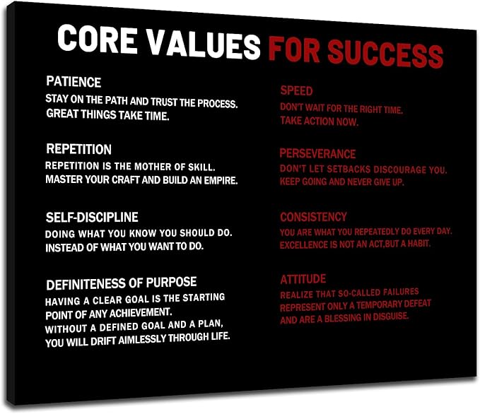 Motivational Wall Art Core Values for Success Inspirational Entrepreneur Quotes Poster Print Artwork for Living Room Office Workplace Wall Decoration Framed Ready to Hang [40''Wx 30''H]