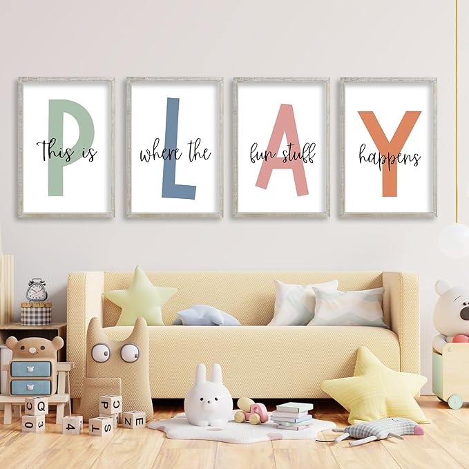 This Is Where The Fun Stuff Happens Kids Playroom Wall Art 11x16 Inch Set Of 4 Rustic Kids Wood Framed Boy Sign Toddler Modren Nursery Interesting Let's Play Prints Wall Hang Decor (White)