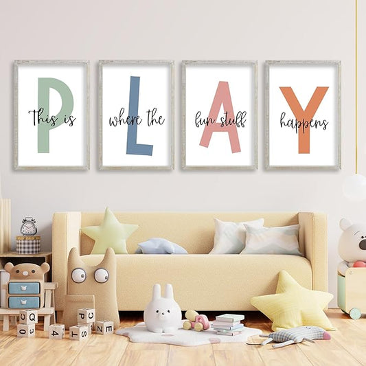 This Is Where The Fun Stuff Happens Kids Playroom Wall Art 11x16 Inch Set Of 4 Rustic Kids Wood Framed Boy Sign Toddler Modren Nursery Interesting Let's Play Prints Wall Hang Decor (White)