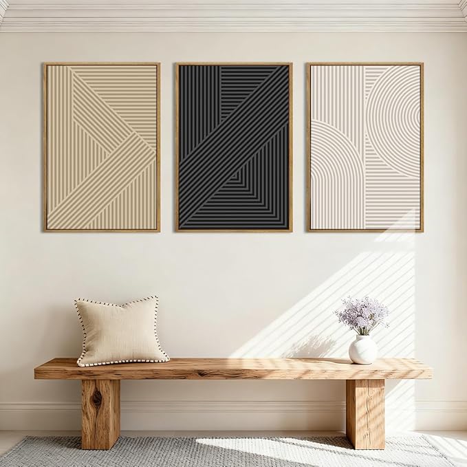 BINCUE Large Neutral Abstract Wall Art Decor Framed,Mid Century Modern Canvas Arts,Boho Wall Paintings Minimalist,Beige Geometric Artwork for Home Living Room Bedroom Bathroom 36x24 Inch Set of 3