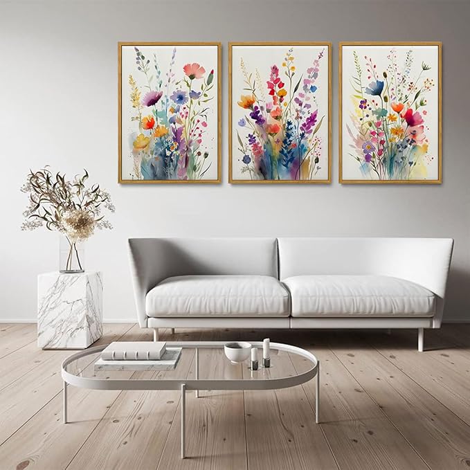 KISSFOX Framed Colorful Wildflower Canvas Wall Art Set Of 3 Flowers Pictures Prints Flowers Printing Floral Watercolors Flower wall Decor Living Room Girls Bedroom Bathroom