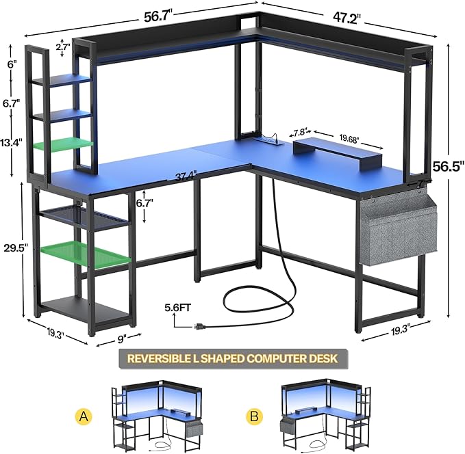 Aheaplus L Shaped Gaming Desk, Reversible L Shaped Desk with Power Outlet and Led Lights, Gaming Desks Corner Computer Desks with Hutch, Monitor Stand and Storage Bag for Home Office, Black
