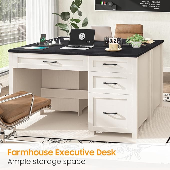 Farmhouse 47" Executive Desk, Computer Desk with File Drawer and Charging Station, Workstation for Home Office, Study（Black）.