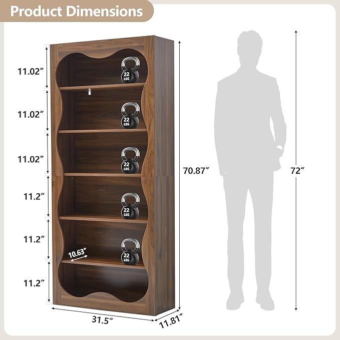 71" Tall Bookshelf, 6 Tier Large Wooden Book Shelf, Modern Freestanding Bookshelves and Bookcases, Unique Bookcase Display Storage Shelves for Living Room, Bedroom, Classroom, Office, Library