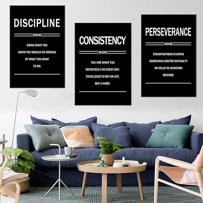 Inspirational Canvas Wall Art Office Poster Perseverance Discipline Consistency 3 Pieces Motivational Quotes Pictures Wall Decor Artwork for Living Room Gym School Ready to Hang [72''W x 36''H]