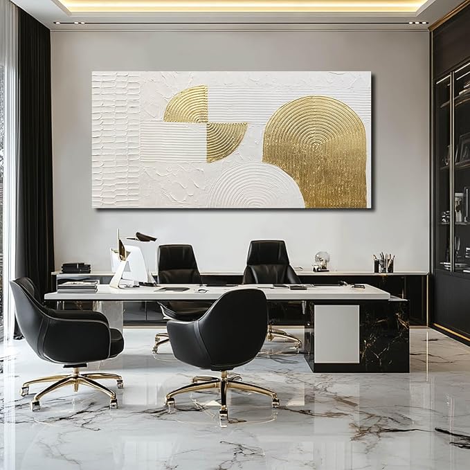 VAYIMDH Large Canvas Wall Art for Living Room Gold Wall Decor White Paintings Abstract Pictures Hand Drawn Arts for Office Hotel 29"x58"