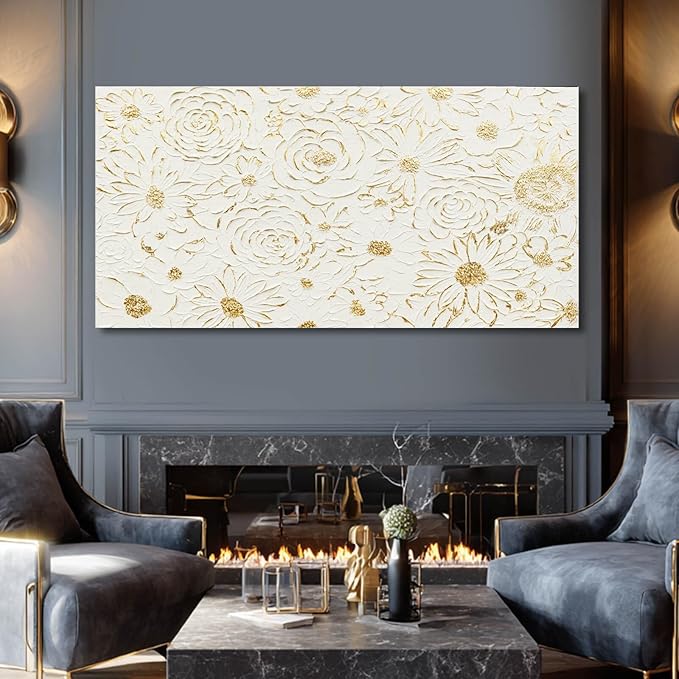 YJYart White Minimalist Wall Art, Canvas Textured Painting,Gold Flowers Floral Modern Abstract Art Wall Decor for Bedroom,Living Room And Office Hallway 29"x58"