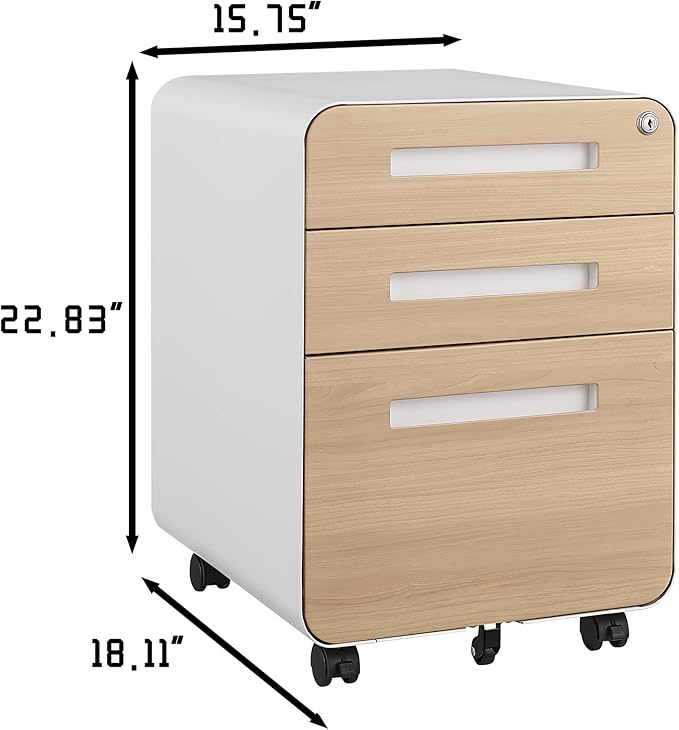 Garvee 3 Drawer File Cabinet with Lock, Under Desk Mobile Metal Filing Cabinet for Home Office, 5 Wheel Anti-Tilt Rolling File Cabinets for A4/Letter/Legal Size, Fully Assembled
