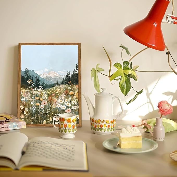 Framed Boho Landscape Wall Art, Colorful Floral Mountain Pictures Wall Decor, Vintage Wildflower Nature Paintings Canvas Prints Rustic Home Decor for Living Room Bedroom Office 12x16 inch