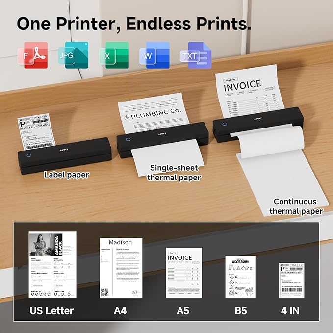 HPRT Portable Printer Wireless for Travel, Inkless Thermal Printer for iOS/Andorid/Laptop, 300DPI, Supports Thermal Paper & Labels,Supports 8.5"x 11"US Letter & A4, A5 for Office/Home/School/Vehicles