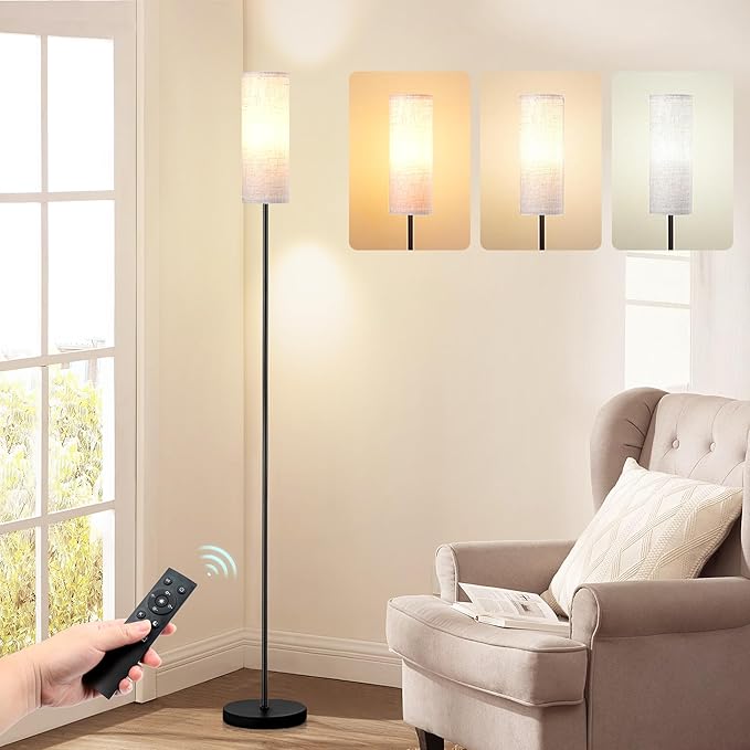 68" Modern Floor Lamp with 3 Color Temperatures, Foot Switch, Linen Shade & Black Metal Pole – Tall Standing Lamp for Living Room, Bedroom, or Office – LED Bulb Included, Easy Assembly (Beige)
