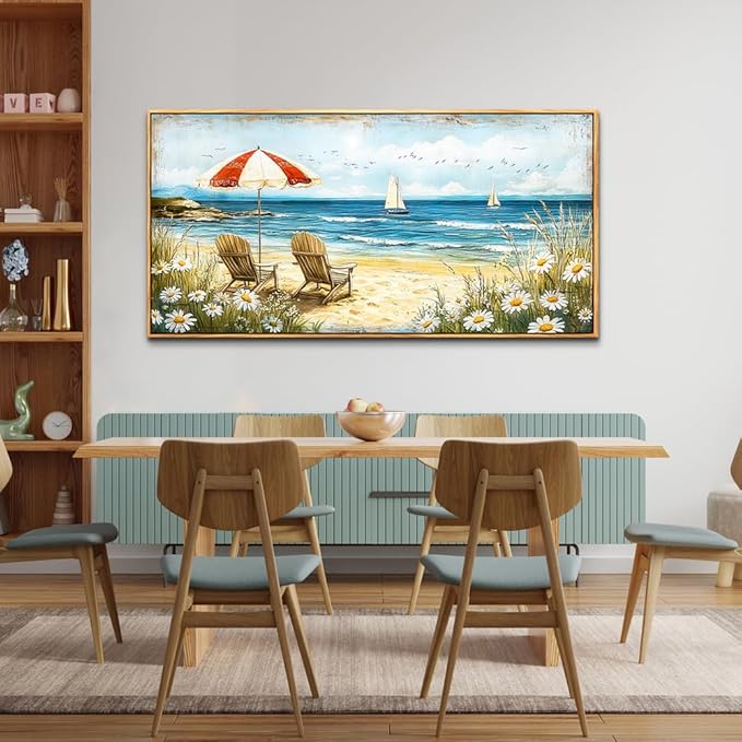 ERQINHUA Large Canvas Wall Art For Living Room Bedroom Wall Decor Office Blue Seaside Landscape Painting Wood Frame Room Bathroom Dining Room Prints Artwork Picture Home Wall Decoration 20x40 In